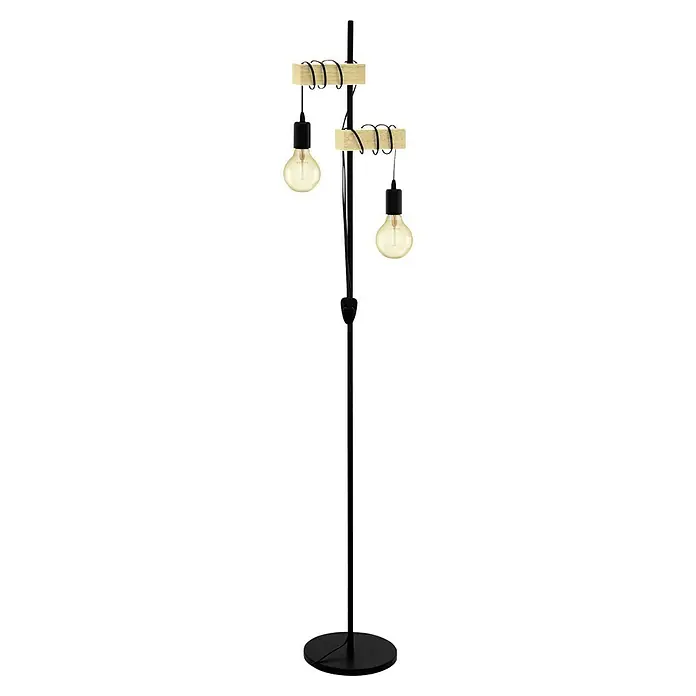 Eglo Townshend Stehleuchte - B x H: 25 x 166,5 cm, Schwarz, Braun - Eine Stehlampe mit zwei Edison-Glühbirnen, die an Holz befestigt sind. Ein modernes Design für Wohnräume mit industriellem Flair.