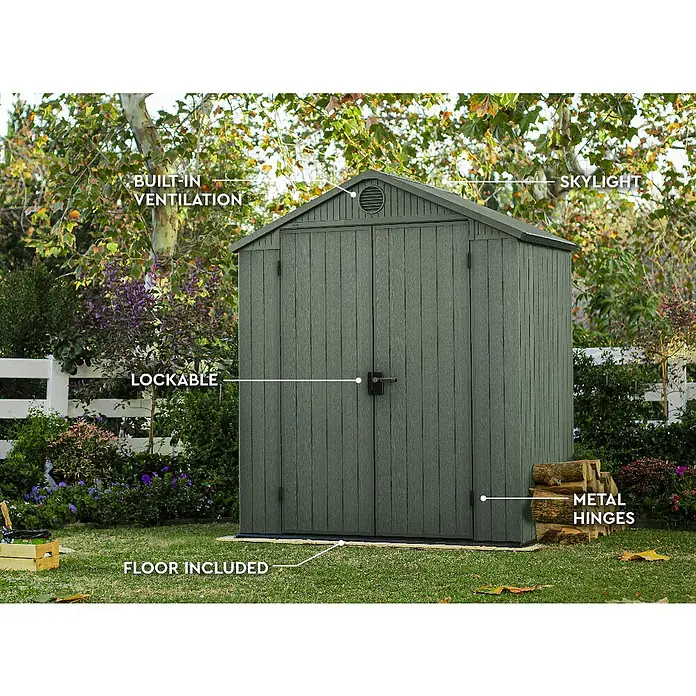 Keter Gartenhaus Darwin 6x4 - Außenmaß inkl. Dachüberstand (B x T): 190 x 122 cm, Kunststoff, Grün, 2,3 m² - Ein geräumiger, abschließbarer Gartenschuppen mit eingebauter Belüftung, Oberlicht, Boden und Metallscharnieren. Praktische Lösung zur Aufbewahrung.