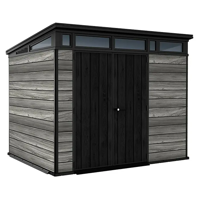 Keter Gerätehaus Signature Storm Grey 9x7 - Außenmaß inkl. Dachüberstand (B x T): 279 x 218 cm, Kunststoff, Stormgrey - Das Bild zeigt ein modernes Gartenhaus mit grauer Holzoptik und schwarzen Akzenten, ideal für die Aufbewahrung von Gartengeräten.