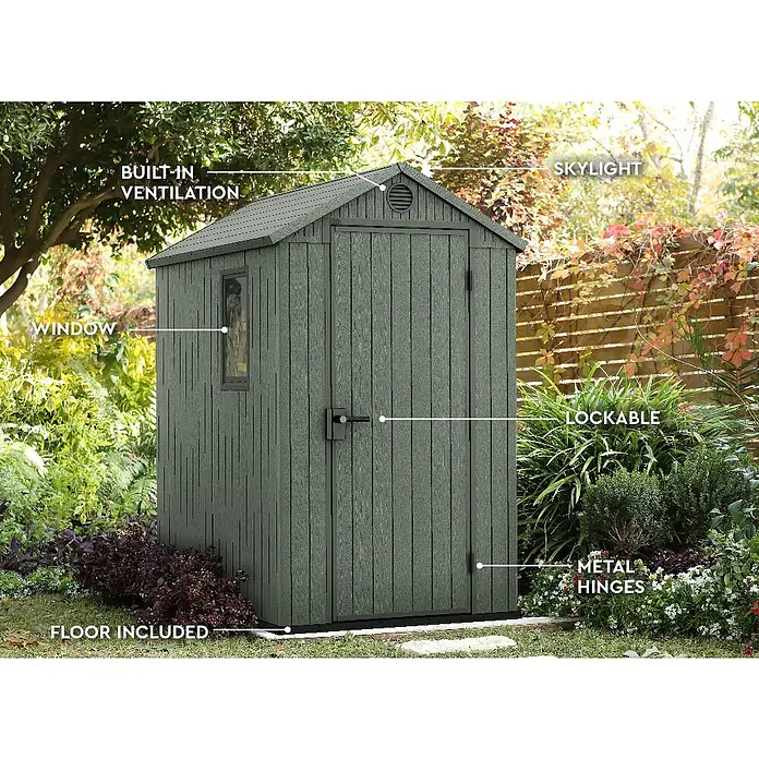 Keter Gerätehaus Darwin 4x6 - Außenmaß inkl. Dachüberstand (B x T): 125,8 x 184,5 cm, Kunststoff, Grün - Abbildung eines Gartenhauses mit eingebauter Belüftung, Fenster, Oberlicht, abschließbarer Tür, Metallscharnieren und inklusivem Boden.