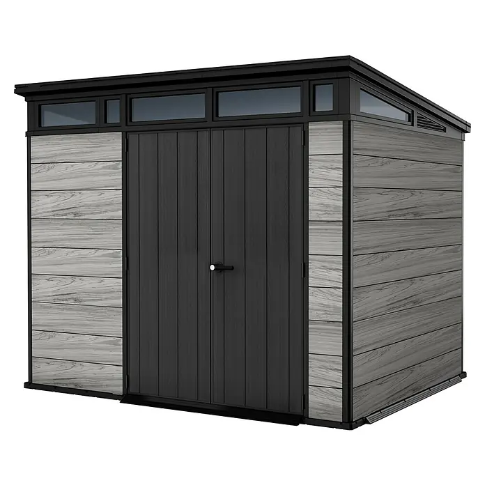 Keter Gerätehaus Signature Storm Grey 9x7 - Außenmaß inkl. Dachüberstand (B x T): 279 x 218 cm, Kunststoff, Stormgrey - Ein geräumiges Gartenhaus mit doppelten Türen und Oberlichtern für optimale Lagerung und natürliche Beleuchtung.