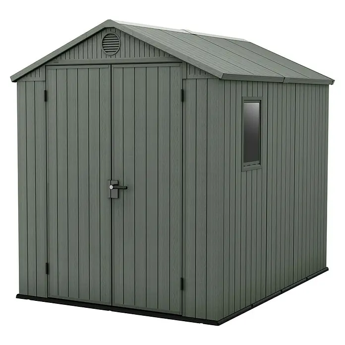 Keter Caseta de jardín Darwin 6X8 - Medidas ext. (An x Pr): 190 x 244 cm, Plástico, Verde, 4,5 m² - Un cobertizo de jardín gris con puertas dobles y una pequeña ventana. La superficie está diseñada con aspecto de madera.