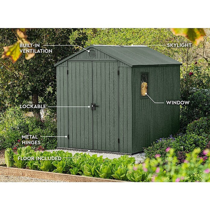 Keter Gartenhaus Darwin 6x8 (Außenmaß inkl. Dachüberstand (B x T): 190 x 244 cm, Kunststoff, Grün, 4,5 m²) | BAUHAUS