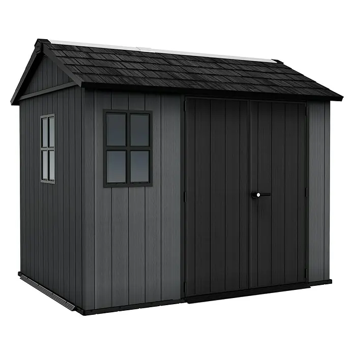 Keter Gerätehaus Newton Plus 759 - Außenmaß inkl. Dachüberstand (B x T): 230 x 287 cm, Kunststoff, Schiefergrau - Dunkelgrauer Geräteschuppen mit Doppeltür und Fenster für den Garten oder das Grundstück, ideal zur Aufbewahrung von Gartengeräten.