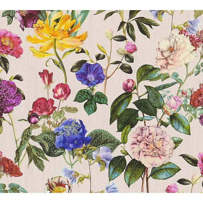 A.S. Création Trendwall Vliestapete Blumenwiese - Bunt/Rosé, Floral, 10,05 x 0,53 m - Detailaufnahme eines üppigen floralen Musters mit Rosen, Lilien und Hortensien in leuchtenden Farben auf beigem Grund.