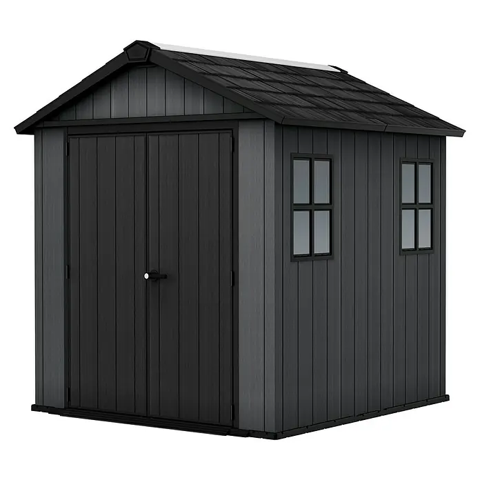 Keter Gerätehaus Newton Plus 757 - Außenmaß inkl. Dachüberstand (B x T): 230 x 223,8 cm, Kunststoff, Schiefergrau - Ein geräumiges, graues Gerätehaus mit Doppeltür und Fenstern. Ideal für die Gartenaufbewahrung und Werkzeuglagerung im Außenbereich.