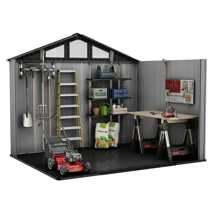 Keter Gerätehaus Stronghold 10x8 - Außenmaß inkl. Dachüberstand (B x T): 304 x 243 cm, Kunststoff, Grau - Organisiertes graues Gartenhaus-Interieur mit schwarzem Boden und Dach. Enthält Rasenmäher, Gartengeräte, Regale mit Kisten und Kompost, Werkbank.