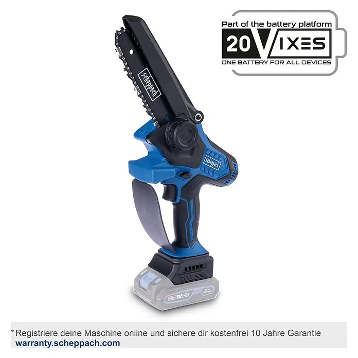 Scheppach IXES 20V Einhand-Akku-Kettensäge BC-PS150-X Set S - 20 V, 2 Ah, Li-Ionen, 1 Akku - Das Scheppach Akku-Astsäge ist ein praktisches Werkzeug für präzise Baumpflegearbeiten im Garten.