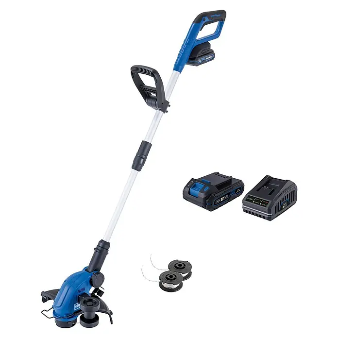 Scheppach IXES 20V Akku-Rasentrimmer C-LT300-X Set S - 20 V, 2 Ah, Li-Ionen, 1 Akku, Schnittbreite Faden: 300 mm - Akkubetriebener Rasentrimmer mit Akku, Ladegerät und zwei Fadenspulen. Das Gerät ist blau und silberfarben.