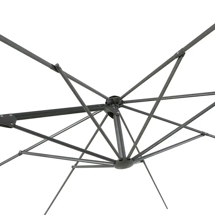 Sunfun Ampelschirmgestell Capri - Stahl, 300 cm, Rund - Detailaufnahme des Gestells eines Sonnenschirms. Das Metallgestell ist grau und hat eine komplexe Struktur mit vielen Streben.