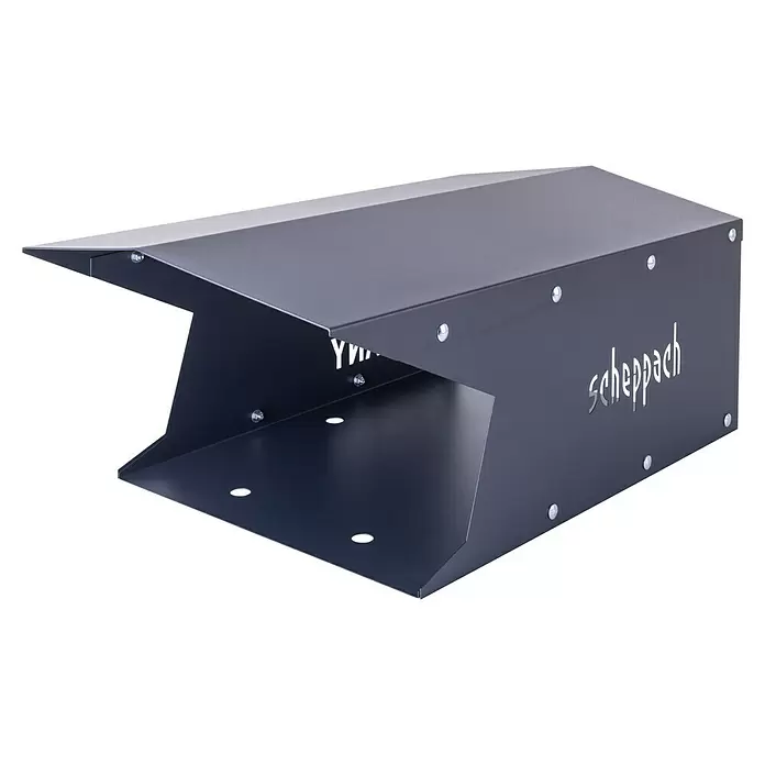 Scheppach Mähroboter-Garage mit Bodenplatte - L x B x H: 750 x 440 x 480 mm, Scheppach Mähroboter BRMR300 - Dunkelgraue Metall-Schutzabdeckung mit schrägem Dach, Lüftungsschlitzen und "scheppach"-Logo, mit Schrauben befestigt.
