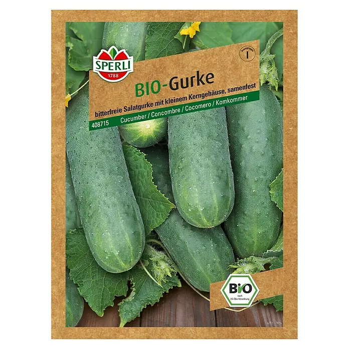 Sperli Gemüsesamen Bio Salatgurke - Cucumis sativus, Saatzeit: Mai - Bio-Gurkensamen von Sperli: Bitterfreie Salatgurke mit kleinem Kerngehäuse, ideal für den ökologischen Anbau.