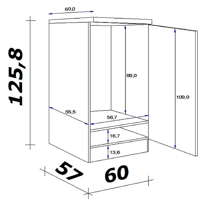 Flex-Well Lucca Geräteumbauschrank - B x T x H: 60 x 57 x 125,8 cm, Weiß - Technische Zeichnung eines Schranks mit zwei Türen und zwei Schubladen, Höhe 125,8cm, Breite 60cm, Tiefe 57cm, mit Innenmaßen.