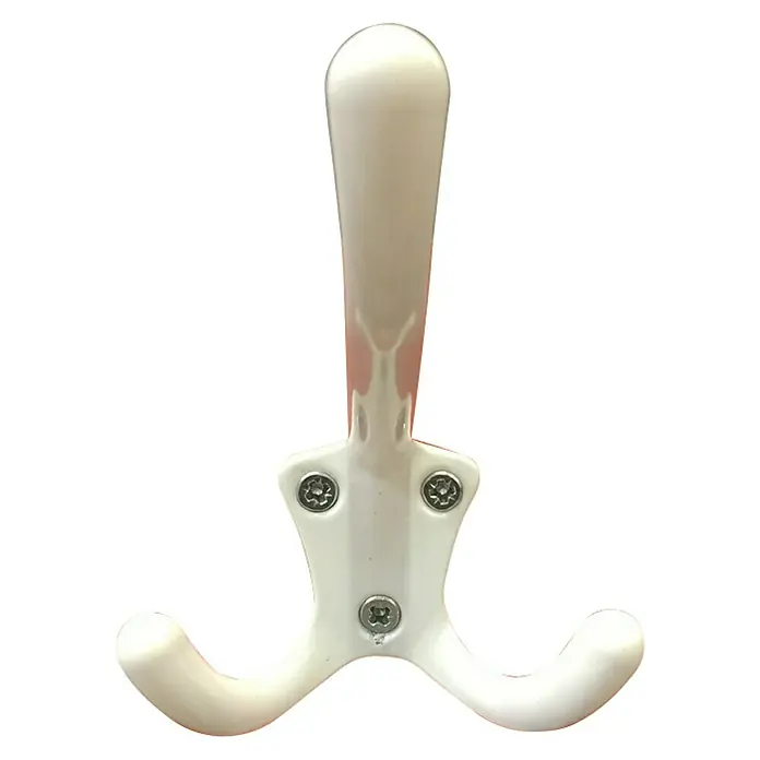 Häfele Gancho para colgar - Aluminio, Blanco, Montaje en la pared - Primer plano de un perchero blanco con dos brazos de gancho y tres tornillos sobre un fondo negro.