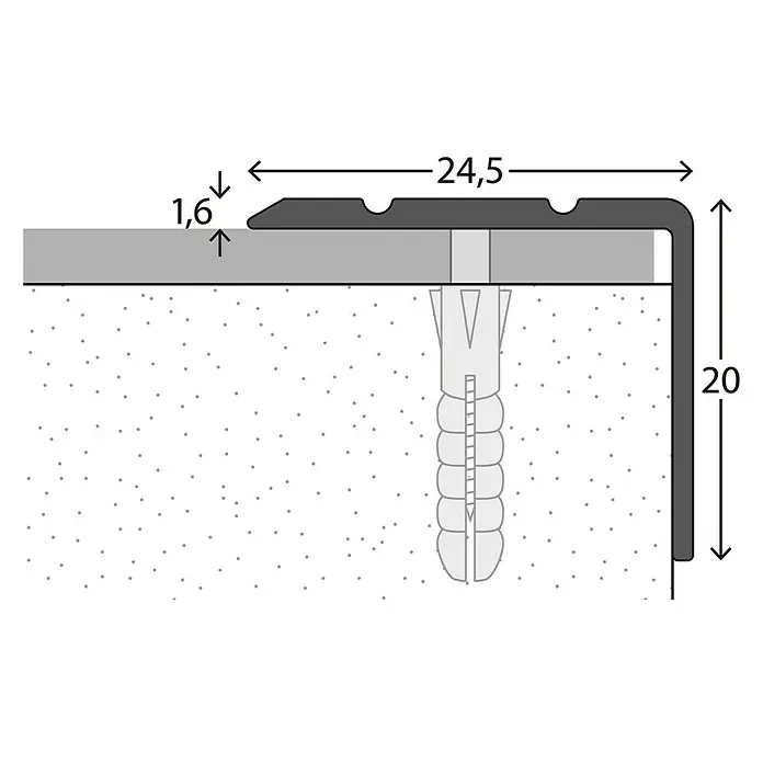 LOGOCLIC Winkelprofil 162 - Sahara, 1 m x 24,5 mm x 20 mm, Montageart: Schrauben - Schema einer Eckabschlussschiene mit Maßangaben. Das Profil hat eine Höhe von 20 mm und eine Breite von 24,5 mm.