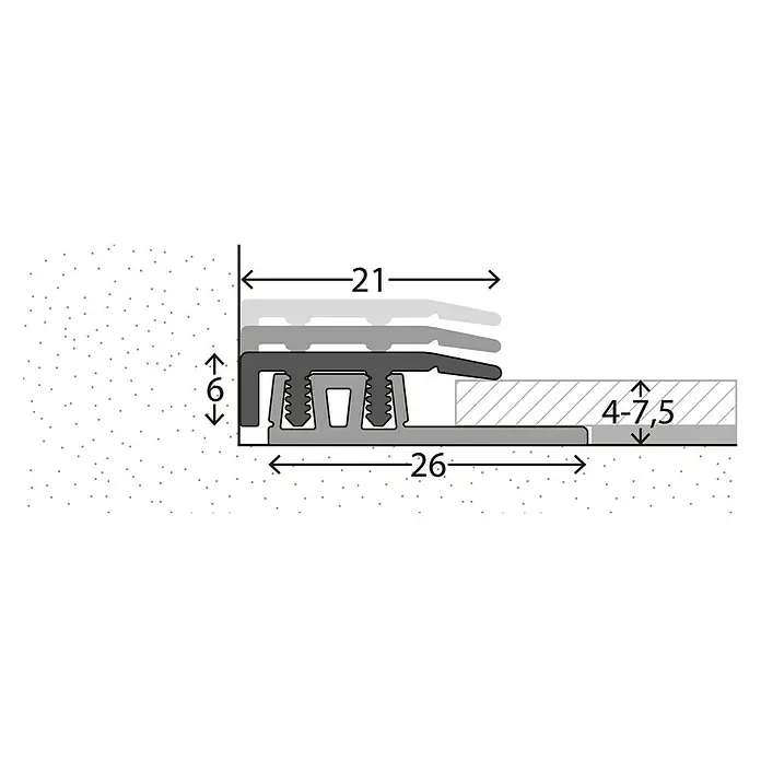 LOGOCLIC Abschlussprofil 324 - Edelstahl matt, 0,9 m x 21 mm, Montageart: Stecken - Produktbild mit Maßen eines Übergangsprofils für Bodenbeläge, zur Veranschaulichung der Abmessungen.