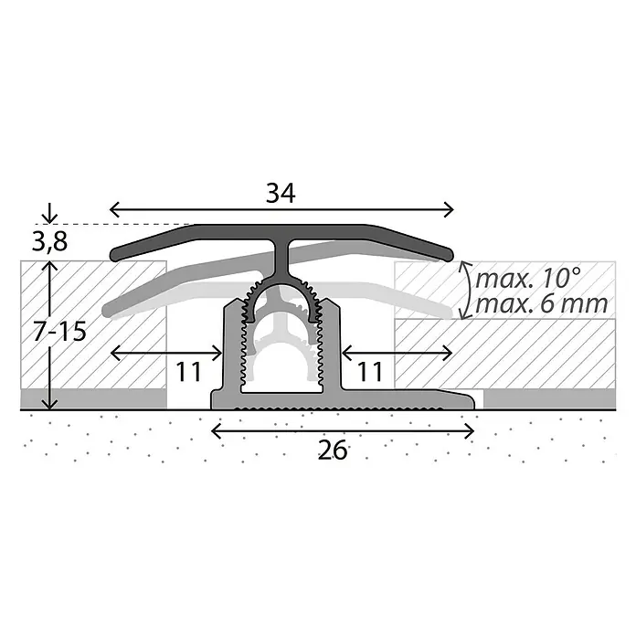 MyStyle MyArt Universalprofil 3in1 Wild West Oak - 1 m x 34 mm x 15 mm, Montageart: Stecken - Detailansicht eines Übergangsprofils mit Maßangaben, das für Bodenbeläge mit Höhenunterschieden geeignet ist.