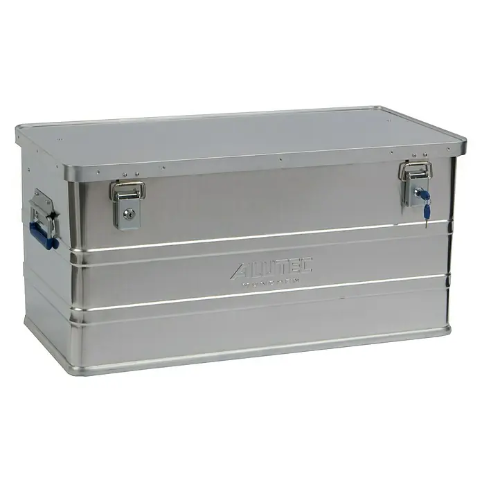 Alutec München Aufbewahrungs- & Transportbox Classic 93 - L x B x H: 775 x 385 x 375 mm, 93 l, Aluminium - Silberne Allutec-Aluminiumbox mit Griffen und Schlössern, ideal für Transport und Lagerung von Ausrüstung und Werkzeugen.