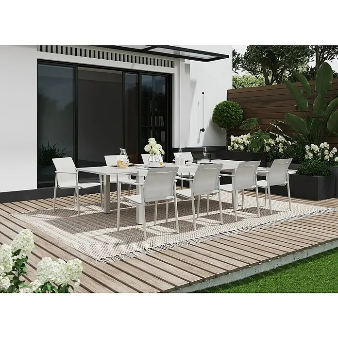 Sunfun Silla de jardín Iris - 63 x 63 x 85 cm, Beige, Aluminio/Textiline, Apilable - Una mesa de comedor exterior moderna con sillas, perfecta para comidas al aire libre y relajación en el jardín. Diseño elegante para el jardín.