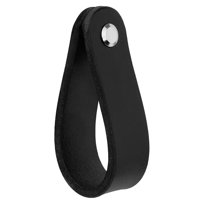Walteco Möbelknopf Tolga - B x H: 20 x 70 mm, Leder, Schwarz - Schwarze Lederschlaufe mit silbernem Druckknopf, möglicherweise Schlüsselhalter.