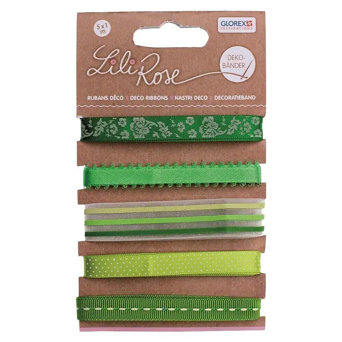 Glorex Bastelband Deko-Bänder - 5 Stk., Grün-Mix, 100 cm - Lili Rose Deko-Bänder Set mit verschiedenen grünen Bändern. Ideal zum Basteln und Dekorieren, mit floralen Mustern und feinen Details.