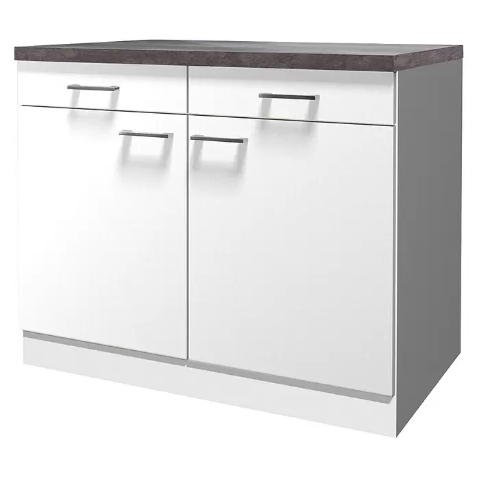 Flex-Well Lucca Küchen-Unterschrank - B x T x H: 100 x 60 x 85 cm, Weiß - Weißer Schrank mit zwei Schubladen und zwei Türen, silbernen Griffen und dunkelgrauer Arbeitsplatte.