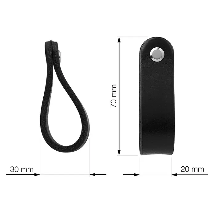 Walteco Möbelknopf Tolga - B x H: 20 x 70 mm, Leder, Schwarz - Schwarzer Leder-Schlaufengriff mit silbernem Niet, Maße 70mm Länge, 20mm Breite und 30mm Schlaufentiefe.