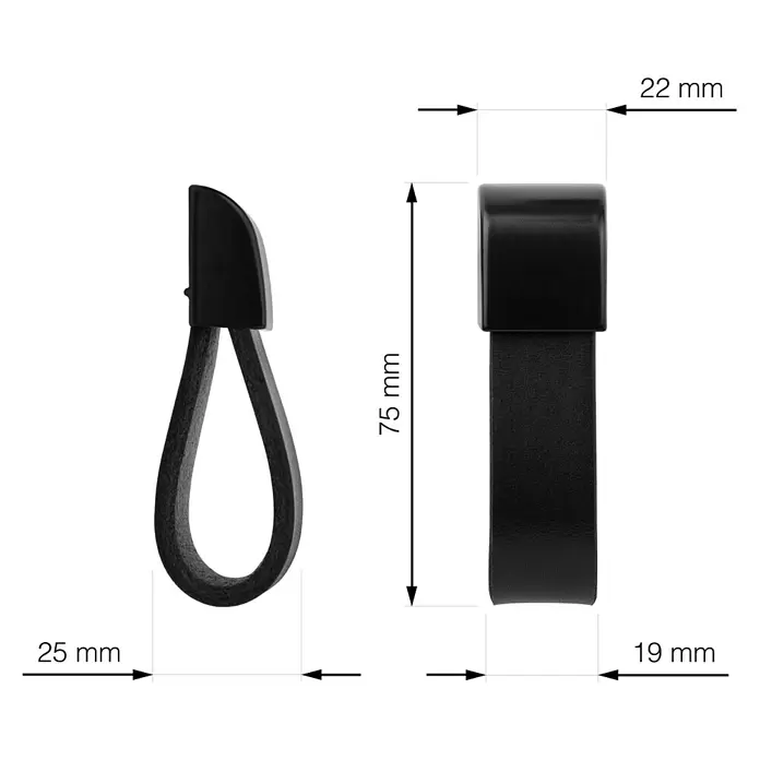 Walteco Möbelknopf Nibe - B x H: 22 x 75 mm, Leder, Schwarz - Schwarzer matter Schlaufengriff mit Maßen.