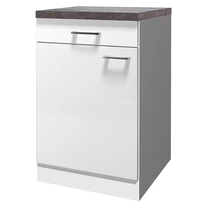 Flex-Well Lucca Küchen-Unterschrank - B x T x H: 50 x 60 x 85 cm, Weiß - Weißer Küchenunterschrank mit dunkelgrauer Arbeitsplatte, einer Schublade und einer Tür, mit silbernen Griffen.