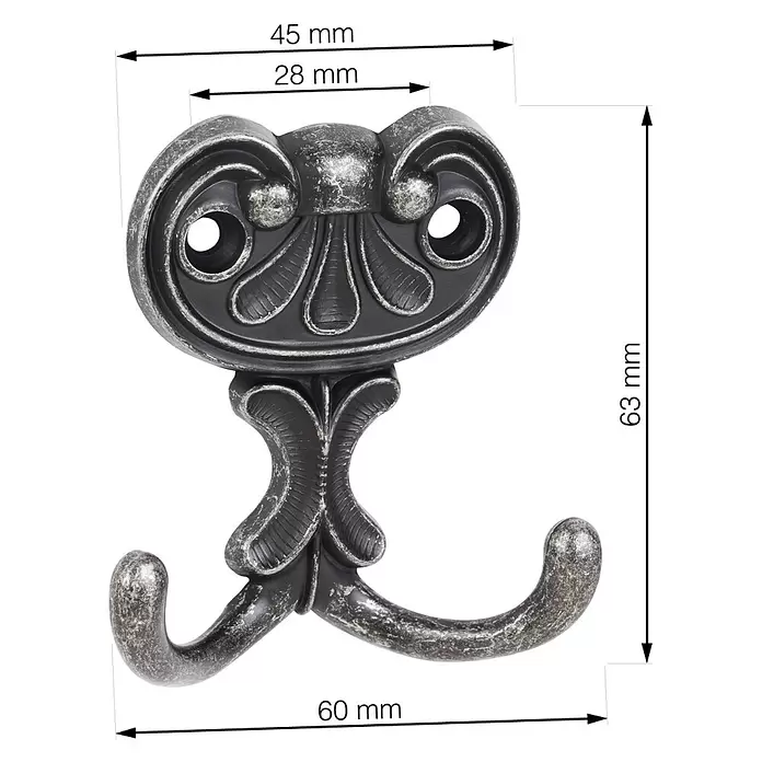 Walteco Garderobenhaken Bree II - L x B x H: 63 x 60 x 19 mm, Anzahl Haken: 2 Stk., Antik Silber - Dekorativer doppelter Kleiderhaken aus antikem Silbermetall, 63mm hoch.