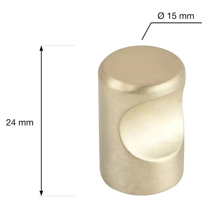 Walteco Möbelknopf Venlo - Durchmesser: 15 mm, Sonstige, Messing gebürstet - Zylindrischer Möbelknauf aus gebürstetem Messing mit ergonomischer Griffmulde, Ø 15 mm, Höhe 24 mm.