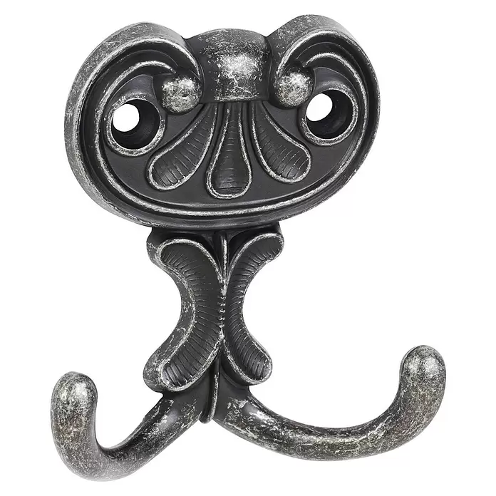 Walteco Garderobenhaken Bree II - L x B x H: 63 x 60 x 19 mm, Anzahl Haken: 2 Stk., Antik Silber - Verzierter antiker dunkler Metall-Doppelkleiderhaken mit dekorativen Details.