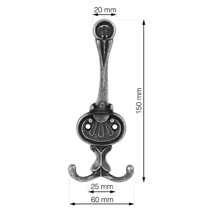Walteco Garderobenhaken Bree I - L x B x H: 150 x 60 x 70 mm, Anzahl Haken: 3 Stk., Antik Silber - Dekorativer doppelter Garderobenhaken aus antikem Silbermetall, 150 mm hoch.