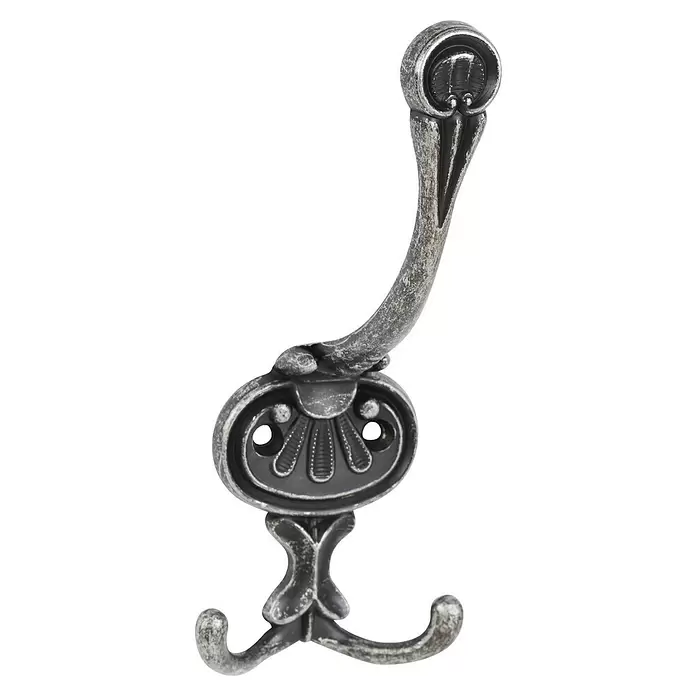 Walteco Garderobenhaken Bree I - L x B x H: 150 x 60 x 70 mm, Anzahl Haken: 3 Stk., Antik Silber - Verzierter Garderobenhaken aus antikem Silbermetall mit zwei Haken und dekorativen Mustern.