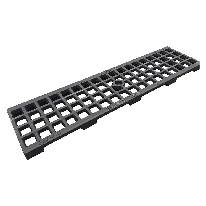 Dakota Rejilla de alcantarillado para canaleta C250 - 50 cm x 13 cm x 2,2 mm, Fundición - Una rejilla de drenaje Dakota de color gris oscuro con aberturas cuadradas, ideal para sistemas de drenaje exteriores. Robusta y duradera.