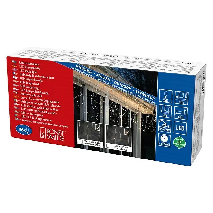 Konstsmide LED-Lichtervorhang Eisregen - Außen, 0,9 m, Bernstein, 96 Stk., Netzbetrieben - Box mit LED-Eisregenlichterketten für den Außenbereich, erhältlich in Warmweiß oder Bernstein mit weißem Kabel. 96 LEDs.