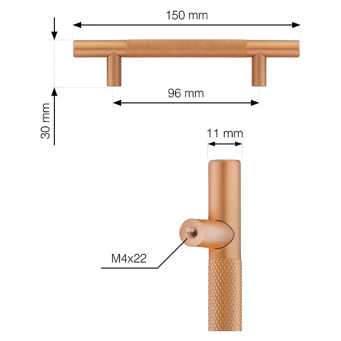 Walteco Möbelgriff Toledo - Lochabstand: 96 mm, Aluminium, Gold matt - Gerändelter roségoldener Möbelgriff, 150mm Gesamtlänge, 96mm Lochabstand, 30mm Höhe.