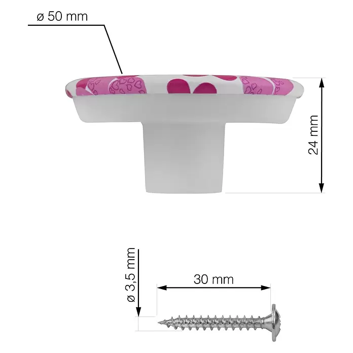 Walteco Kinder-Möbelknopf Blumen II - Durchmesser: 50 mm, Kunststoff, Blumen - Runder weißer Möbelknauf mit pink gemusterter Oberseite, Ø 50 mm, H 24 mm, inklusive 3,5x30 mm Schraube.
