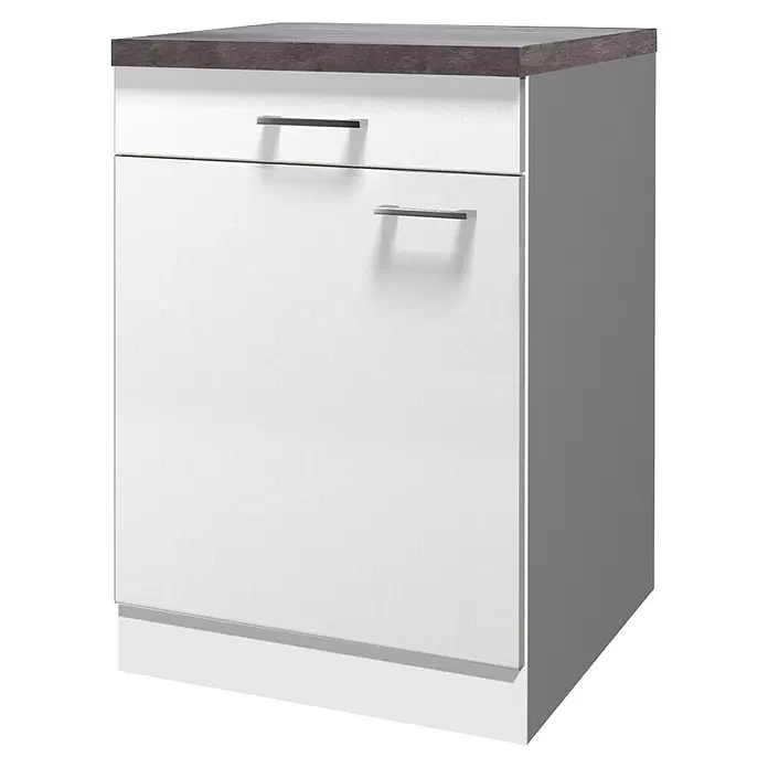 Flex-Well Lucca Küchen-Unterschrank - B x T x H: 60 x 60 x 85 cm, Weiß - Weißer Küchenunterschrank mit dunkelgrauer Arbeitsplatte, einer oberen Schublade und einer unteren Tür, mit Metallgriffen.