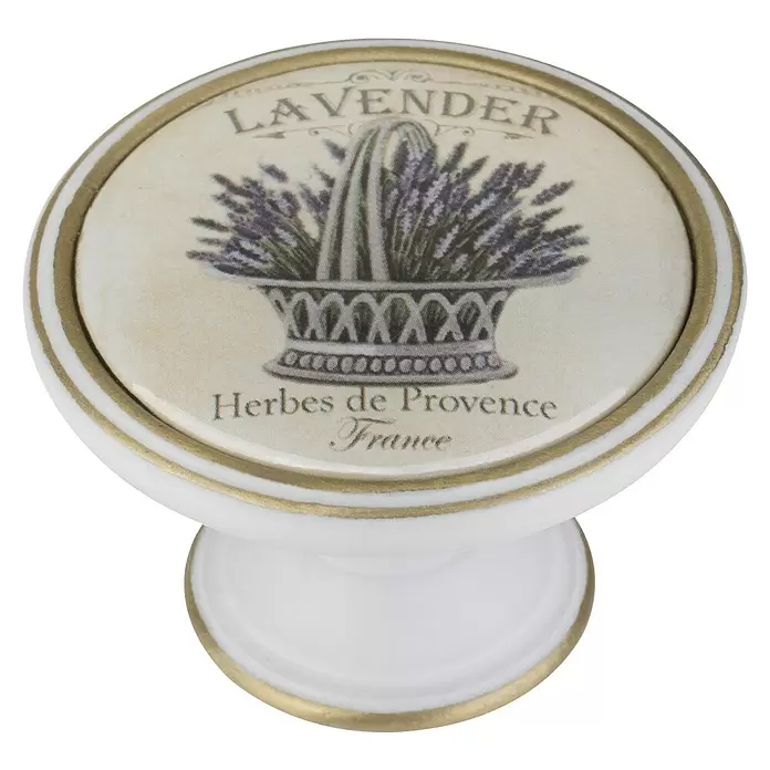 Walteco Möbelknopf Lavendel - Durchmesser: 37 mm, Kunststoff, Bronze-Patina - Weißer Keramikschubladengriff mit Lavendelkorb-Motiv, Goldrand und Aufschrift "LAVENDER Herbes de Provence France".