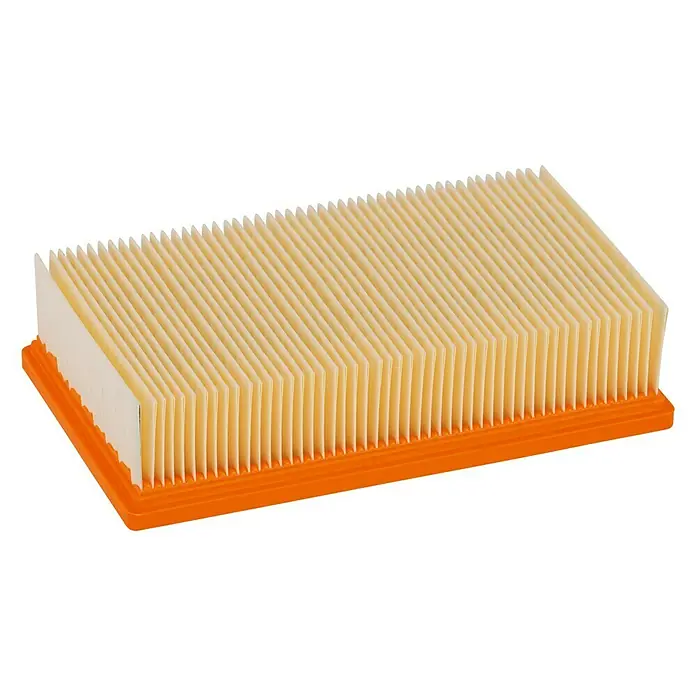 Bosch Flachfaltenfilter - Zellulose - Rechteckiger Luftfilter mit orangem Rand und gefaltetem Filterpapier für saubere Luftzufuhr zum Motor.