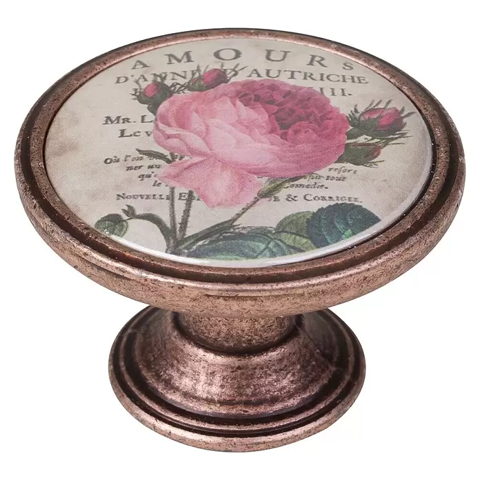 Walteco Möbelknopf Rose II - Durchmesser: 37 mm, Kunststoff, Kupfer-Patina - Antiker bronzefarbener Möbelknauf mit einer rosa Rose und französischem Text auf beigem Einsatz.