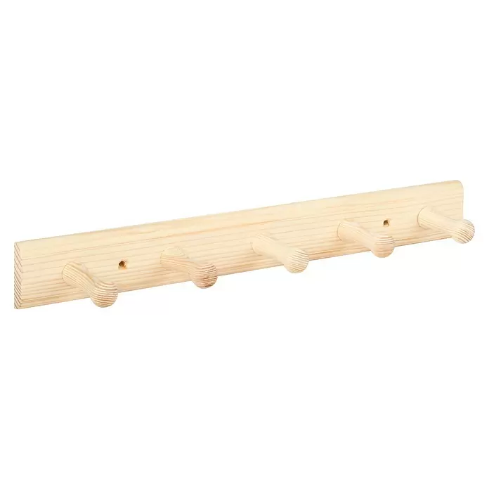 Walteco Hakenleiste - 50 x 75 mm, Anzahl Haken: 5 Stk., Holz - Natürliche helle Holzwandgarderobe mit fünf Haken zum Aufhängen.