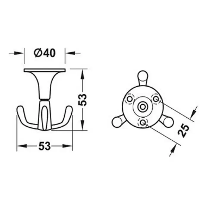 Walteco Garderobenhaken - L x B x H: 53 x 50 x 53 mm, Anzahl Haken: 3 Stk., Aluminium-Optik - Technische Zeichnung eines dreizackigen Hakens, Vorder- und Draufsicht, mit Maßen.