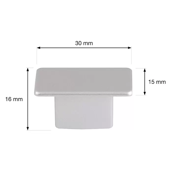 Walteco Möbelknopf Wollis - L x B x H: 30 x 15 x 16 mm, Sonstige, Verchromt matt - Silberfarbene rechteckige Kappe, 30 mm lang und 16 mm hoch.