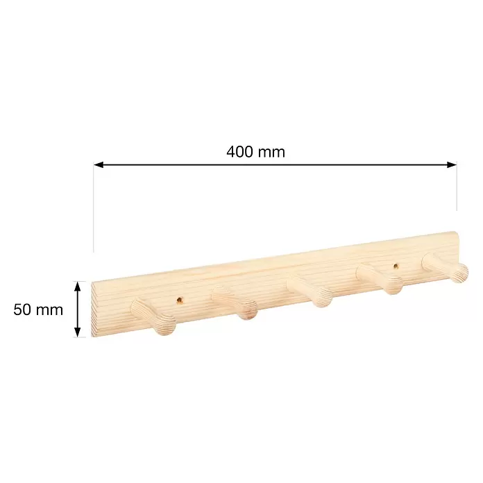 Walteco Hakenleiste - 50 x 75 mm, Anzahl Haken: 5 Stk., Holz - Helle Garderobe aus Holz, 400 mm lang und 50 mm hoch, mit 6 Haken.
