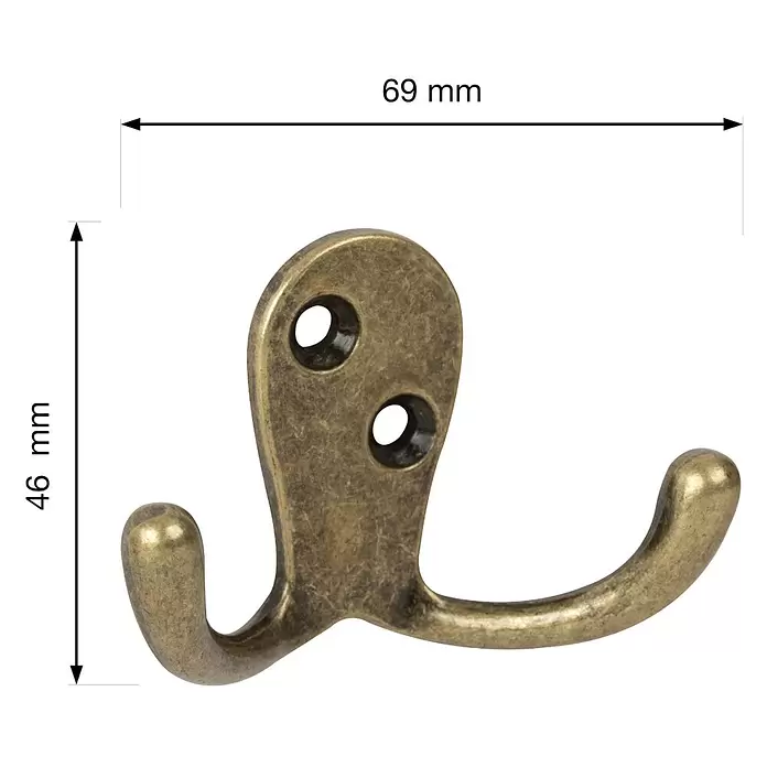 Walteco Garderobenhaken Bonax - L x B x H: 46 x 69 x 26 mm, Anzahl Haken: 2 Stk., Brüniert - Antik-messingfarbener Doppelkleiderhaken, 69x46 mm, mit zwei Befestigungslöchern.