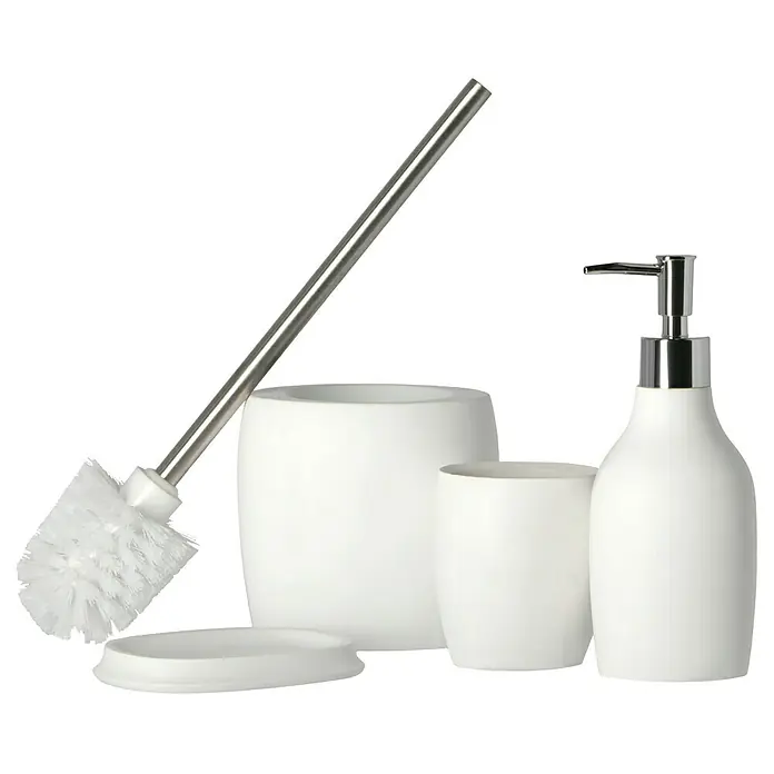 Venus Flakoni Seifenschale - Weiß, Polyresin - Weißes Badezimmer-Set mit Seifenspender, Becher, Toilettenbürste und Seifenhalter auf schwarzem Hintergrund.