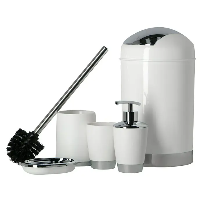 Venus Milano Seifenschale - Weiß, Kunststoff, Verchromt - Badezimmer-Set mit Seifenspender, Becher, Mülleimer, WC-Bürste und Seifenschale in Weiß und Chrom für ein stilvolles Badambiente.