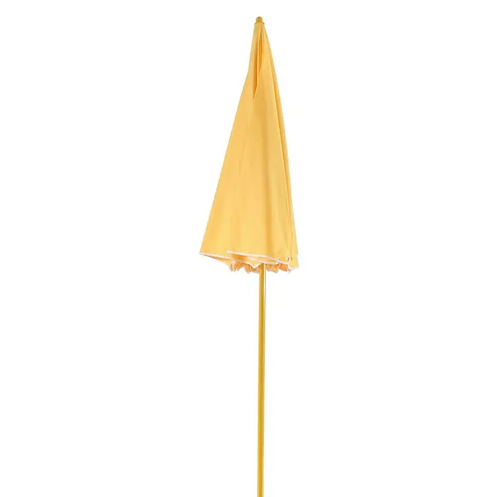 Sunfun Sombrilla Laguna - Colores surtidos, Diámetro de cobertura: 200 cm - Primer plano de una sombrilla de playa amarilla cerrada con detalles rosas y un palo amarillo a juego.